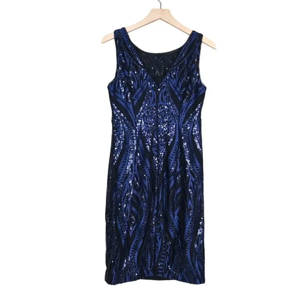 Calvin Klein Womens 4 Midnight Blue Mesh Sequin Cocktail Dress - Picture 3 of 10